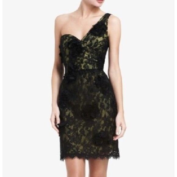 BCBGMaxAzria Jennifer One Shoulder Black Yellow Lace Floral Sheath Dress 0 XS - Picture 1 of 12